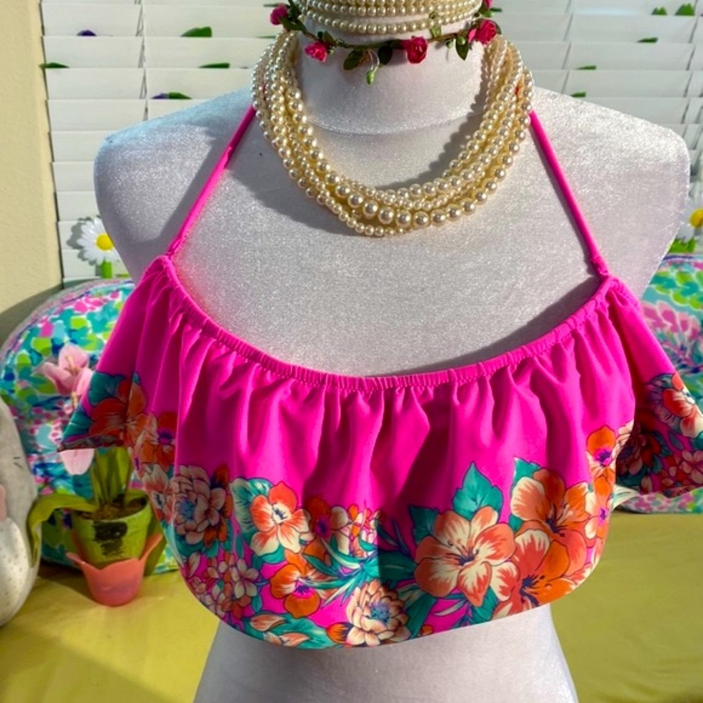 American Eagle Outfitters pink ruffle swim top